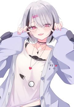 Rule 34 | 1girl, asumi sena, asumi sena (5th costume), black choker, black hair, blush, choker, commentary request, fang, glasses, grey hair, hair ornament, hairclip, heart, heart necklace, highres, if (ify cappuccino), jacket, jewelry, looking at viewer, medium hair, multicolored hair, necklace, open clothes, open jacket, open mouth, pink eyes, pink nails, shirt, skin fang, solo, streaked hair, t-shirt, two-tone hair, virtual youtuber, vspo!, white background, white shirt