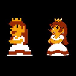 1girl 2024 animated black_background chest_jewel colored_skin commentary crown dress earrings english_commentary eyeshadow gloves hair_over_one_eye idle_animation jewelry long_hair makeup mario_(series) musicajosh nintendo official_alternate_costume one_eye_closed pixel_art princess_peach princess_toadstool_redraw_(meme) puffy_short_sleeves puffy_sleeves red_eyes red_eyeshadow red_hair redrawn reference_inset short_sleeves simple_background sparkle super_mario_bros._1 teeth upper_teeth_only very_long_hair video white_dress white_gloves wink