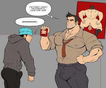 2boys ace_attorney anus ass bandaid bandaid_on_face bara beanie blush bulge closed_eyes collared_shirt commentary covered_erect_nipples dick_gumshoe english_commentary english_text erection erection_under_clothes facial_hair goatee_stubble grin hat highres holding holding_photo loose_necktie male_focus multiple_boys muscular muscular_male necktie pectoral_cleavage pectorals phoenix_wright photo_(object) rumple_tumple shirt short_hair sleeves_rolled_up smile sparse_chest_hair speech_bubble spread_ass stubble testicles