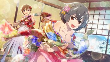 2girls :d akasaka_miyuki braid breasts brown_eyes brown_hair cleavage collarbone embarrassed emphasis_lines floral_print floral_print_kimono flower fusuma game_cg grey_hair hair_between_eyes hair_flower hair_ornament hakama highres higurashi_no_naku_koro_ni higurashi_no_naku_koro_ni_mei indoors japanese_clothes kimiyoshi_kazuho kimono lens_flare looking_at_another multiple_girls new_year non-web_source obi_spin off_shoulder official_alternate_hairstyle official_art open_mouth print_kimono purple_eyes short_hair sliding_doors smile snow socks sparkle standing tabi tatami white_hakama white_socks wide_sleeves