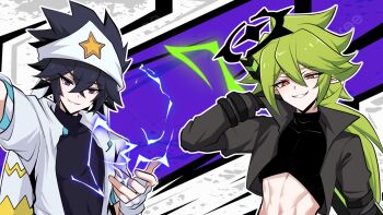 Rule 34 | 1210534020, 2boys, abs, aotu world, bandana, black gloves, black hair, black jacket, black shirt, chinese commentary, commentary request, crop top, cropped jacket, electricity, electrokinesis, fingerless gloves, gloves, greatsword, green hair, grin, hair between eyes, halo, hand up, headband, highres, holding, holding sword, holding weapon, hood, hood down, hooded jacket, jacket, long hair, long sleeves, looking at viewer, low ponytail, male focus, midriff, multicolored eyes, multiple boys, navel, open clothes, open jacket, parted lips, pointy ears, ponytail, print headband, purple eyes, ray (aotu world), red eyes, shirt, smile, star (symbol), star print, sword, sword on back, teeth, turtleneck, upper body, weapon, weapon on back, white gloves, white headband, white jacket, xander (aotu world), yellow eyes