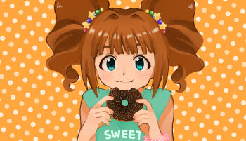 1girl absurdres aqua_eyes beads brown_hair chocolate_donut commentary_request donut eating food food_bite green_shirt hair_beads hair_ornament highres holding holding_donut holding_food idolmaster idolmaster_(classic) naruse_ill orange_background pink_scrunchie polka_dot polka_dot_background scrunchie shirt short_sleeves solo takatsuki_yayoi twintails wrist_scrunchie