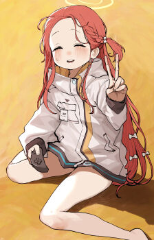 1girl absurdres blue_archive bow chroong closed_eyes controller game_controller hair_bow halo highres holding holding_controller holding_game_controller jacket long_hair open_mouth red_hair solo sweat v white_bow white_jacket yellow_halo yuzu_(blue_archive)