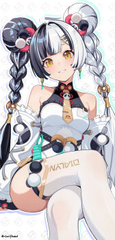 1girl absurdres ahoge animal_background arms_at_sides bare_shoulders black_hair blunt_bangs blush braid breasts clothes_writing commentary cross-laced_clothes cross-laced_sleeves crossed_legs detached_sleeves dialyn_(zenless_zone_zero) double_bun dress earrings english_commentary feet_out_of_frame frilled_dress frilled_sleeves frills grin hair_bun hair_extensions hair_ornament hairclip halter_dress halterneck head_tilt highres invisible_chair jewelry long_hair long_sleeves looking_at_viewer medium_breasts multicolored_hair necktie panda_hair_ornament parted_lips ring_hair_extensions rswifhand sitting sleeveless sleeveless_dress smile solo sparkling_eyes split-color_hair thighhighs twin_braids twintails twitter_username two-tone_hair very_long_hair white_background white_dress white_hair white_thighhighs yellow_eyes yellow_necktie zenless_zone_zero