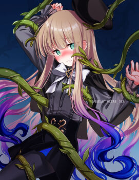 1boy beret black_capelet black_hat black_shorts blonde_hair blue_hair blush bow bowtie capelet commentary_request fate/grand_order fate_(series) gradient_hair green_eyes grey_pantyhose grey_shirt hat hat_feather high-waist_shorts long_hair long_sleeves looking_at_viewer multicolored_hair noah_(fate) noah_(second_ascension)_(fate/grand_order) pantyhose plant restrained shell_ocean shirt shorts solo thighs two-tone_hair very_long_hair vines