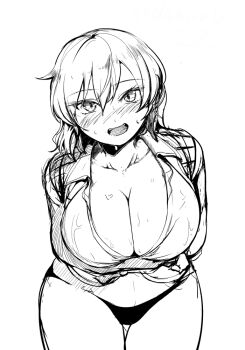 1girl arms_under_breasts blush breasts cleavage collared_shirt commentary_request cowboy_shot greyscale hair_between_eyes kazami_yuuka large_breasts leaning_forward looking_at_viewer monochrome no_pants open_mouth panties plaid_clothes plaid_vest sadahiro_(chicken_nugget_gyuuniku_aji) shirt short_hair simple_background smile solo touhou underwear vest