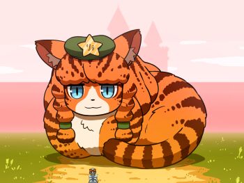 1girl :3 animal animalization beret blue_eyes blue_hair bow cat cat_loaf cirno closed_mouth commentary green_hat hair_bow hat hat_ornament hong_meiling ice ice_wings in-universe_location orange_cat outdoors oversized_animal path pink_sky red_bow road scarlet_devil_mansion shirosato short_hair sky star_(symbol) star_hat_ornament symbol-only_commentary touhou wings