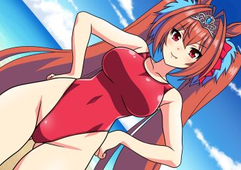 1girl animal_ears antenna_hair blue_sky blush breasts brown_hair closed_mouth cloud cloudy_sky collarbone commentary_request competition_swimsuit daiwa_scarlet_(umamusume) day dutch_angle fang hair_ornament hands_on_own_hips highleg highleg_one-piece_swimsuit highres horizon horse_ears horse_girl horse_tail large_breasts long_hair looking_at_viewer ocean one-piece_swimsuit outdoors red_eyes red_one-piece_swimsuit sky smile solo swimsuit tail thighs tiara twintails umamusume very_long_hair yuuyuu_(3jjbn)