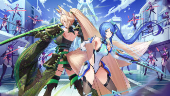 6+girls absurdres animal_ear_fluff animal_ears armor bare_shoulders battle black_thighhighs blonde_hair blue_eyes blue_hair blue_sky boots borrowed_character breasts clawed_gauntlets commentary_request commission covered_navel detached_sleeves faulds floating_hair fox_ears fox_girl fox_tail gauntlets gloves green_sleeves helmet highleg highleg_leotard highres holding holding_sword holding_weapon katana large_breasts leotard long_hair multiple_girls mytea_(soso) original pauldrons purple_leotard revealing_clothes shoulder_armor side_ponytail skeb_commission sky sword tail thigh_boots thighhighs weapon white_gloves white_leotard wide_sleeves yellow_eyes
