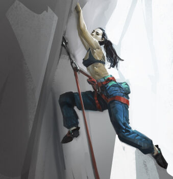 1girl art_study belt ben_lo black_hair climbing denim full_body harness highres jeans no_shirt original own_hands_together pants ponytail solo sports_bra stomach tether toned toned_female