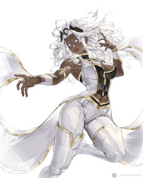 Rule 34 | 1girl, armlet, boots, breasts, cleavage, dark-skinned female, dark skin, earrings, glowing, glowing eyes, highres, jewelry, lightning bolt earrings, lightning bolt symbol, marvel, marvel tokon: fighting souls, midriff, navel, no pupils, pants, shawl, simple background, solo, storm (x-men), superhero costume, thigh boots, tiara, toned, toned female, very dark skin, wandzardeen, wavy hair, white boots, white hair, white pants, x-men