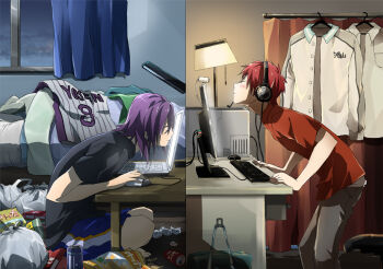 2boys akashi_seijuurou blush computer happy indoors kiss kuroko_no_basuke laptop long_hair m-tobiei male_focus messy multiple_boys murasakibara_atsushi purple_hair red_hair short_hair webcam window yaoi