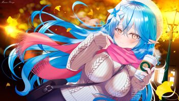 1girl ahoge autumn autumn_leaves bag blue_hair blush breasts cowboy_shot cup elf eyelashes hat heart heart_ahoge highres holding holding_cup hololive large_breasts leaf long_hair mizuno_kurage pink_scarf pointy_ears scarf smile solo sweater virtual_youtuber watermark white_hat white_sweater yellow_eyes yukihana_lamy