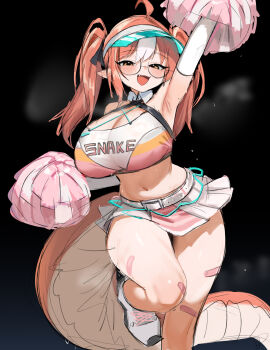 1girl :d absurdres ahoge arknights arm_up armpits bandaid bandaid_on_leg belt belt_buckle black_background blush breasts brown_hair buckle cheerleader cleavage clothes_writing commentary crop_top fang foot_out_of_frame highres holding holding_pom_poms large_breasts long_hair looking_at_viewer microskirt midriff multicolored_hair navel official_alternate_costume open_mouth outstretched_arm pleated_skirt pointy_ears pom_pom_(cheerleading) pom_poms shenqi_xiaohuang simple_background sketch skirt smile solo standing standing_on_one_leg steaming_body streaked_hair sweat tail visor_cap white_belt white_hair white_skirt wulfenite_(arknights) wulfenite_(bouncing_rhythms)_(arknights) yellow_eyes