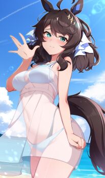 1girl absurdres alternate_costume animal_ears aqua_eyes beach bikini black_hair black_tail blue_bikini blue_sky blush breasts closed_mouth commentary_request commission cowboy_shot daring_tact_(umamusume) dress hair_ornament hand_up highleg highleg_bikini highres horse_ears horse_girl horse_tail layered_bikini long_hair looking_at_viewer medium_breasts mujin_(mujinzairaisen) ocean outdoors pixiv_commission see-through_clothes see-through_dress skindentation sky smile solo sunlight sweat swimsuit tail thighs umamusume waving