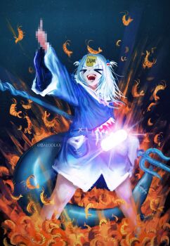 &gt;_&lt; 1girl :o absurdres baloolax blue_hoodie censored ebi-chan_(gawr_gura) fins fish_tail gawr_gura gawr_gura_(1st_costume) hair_ornament highres holding holding_polearm holding_weapon hololive hololive_english hood hoodie middle_finger mosaic_censoring outstretched_arm polearm shark_girl shark_hair_ornament shark_print shark_tail sharp_teeth shrimp solo standing tail teeth trident two_side_up virtual_youtuber weapon