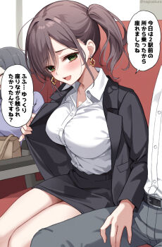 1boy 2girls assertive_female black_jacket black_skirt blazer blush breasts brown_hair chair check_translation collarbone collared_shirt commentary_request earrings formal_clothes hand_on_another&#039;s_thigh heart heart-shaped_pupils highres ikura_nagisa jacket jewelry large_breasts long_sleeves looking_at_viewer multiple_girls office_lady open_mouth original purple_shirt shirt skirt smile solo_focus speech_bubble suit symbol-shaped_pupils teasing train train_interior translation_request white_shirt yellow_eyes