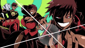 1girl bare_shoulders breasts brown_hair character_print choker cleavage commentary dark-skinned_female dark_skin deputy_rust earrings english_commentary evil_grin evil_smile grin jewelry large_breasts looking_at_viewer multiple_views open_mouth pantyhose red_eyes seductive_smile short_hair smile solo spongebob_squarepants spongebob_squarepants_(series) the_king_of_fighters vest vice_(kof) waistcoat