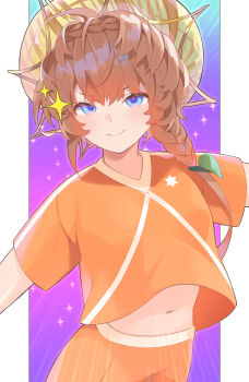 1girl absurdres alternate_costume blue_eyes blush braid brown_hair crown_braid fate/grand_order fate_(series) hat highres long_hair looking_at_viewer midriff_peek navel orange_shirt pants shimaa482 shirt short_sleeves side_braid smile solo star_(symbol) striped_clothes striped_headwear van_gogh_(fate) yellow_hat