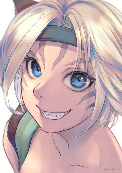 1girl 2023 animal_ears artist_name adventurer_(ff11) blue_eyes blue_headband cactus41747280 cat_ears cat_girl collarbone dated eye_focus eyelashes facial_mark final_fantasy final_fantasy_xi grin hair_intakes headband highres mithra_(ff11) neko no_eyebrows portrait sharp_teeth short_hair simple_background smile solo teeth whisker_markings white_background