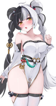 1girl :o absurdres adapted_costume ahoge arm_behind_back bare_shoulders black_hair blunt_bangs blush braid breasts clenched_hand collarbone cowboy_shot detached_sleeves dialyn_(zenless_zone_zero) double_bun dress earrings frilled_dress frilled_sleeves frills groin hair_bun hair_extensions hair_ornament hairclip hand_up highres izumiillus jewelry long_hair long_sleeves looking_at_viewer medium_breasts multicolored_hair open_mouth paid_reward_available pelvic_curtain ring_hair_extensions simple_background sleeves_past_wrists solo split-color_hair standing strapless strapless_dress teeth thighhighs twin_braids twintails twitter_username two-tone_hair upper_teeth_only very_long_hair white_background white_dress white_hair white_thighhighs yellow_eyes zenless_zone_zero
