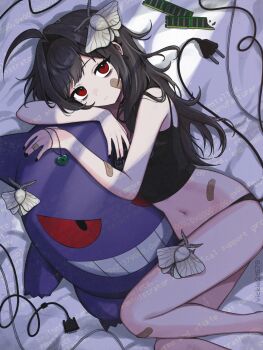 1girl ahoge bags_under_eyes bandaid bandaid_on_arm bandaid_on_cheek bandaid_on_face bandaid_on_finger bandaid_on_hand bandaid_on_hip black_camisole black_nails black_panties blue_screen_of_death brown_hair bug cable cable_tail camisole commentary_request electric_plug electric_plug_tail feet_out_of_frame fingernails food_bite gen_1_pokemon gengar hair_intakes highres holding holding_jewelry holding_necklace indoors insect jewelry long_hair looking_at_viewer mechanical_tail midriff mole mole_under_eye moth moth_on_head navel necklace nintendo on_bed original panties pokemon ram_(computer) red_eyes solo tail underwear vickie_(cryingrobot) vickie_(cryingrobot)_(character) you_are_an_idiot_(virus)