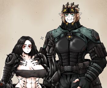 2girls abs bandeau belt black_bandeau black_hair blonde_hair bodysuit breasts claws cowboy_shot cyberpunk cyborg eiger_(shadwrun_dragonfall) fingerless_gloves glory_(shadowrun_dragonfall) gloves green_eyes heads-up_display height_difference highres large_breasts looking_at_viewer mechanical_arms multiple_girls muscular muscular_female octosoup pointy_ears prosthesis prosthetic_arm red_eyes shadowrun shadowrun:_dragonfall troll tusks user_interface