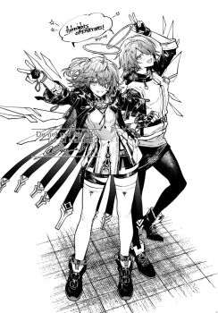 1girl angel_wings arknights black_boots black_gloves black_pantyhose boots exusiai_(arknights) exusiai_the_new_covenant_(arknights) fingerless_gloves gloves greyscale hair_over_one_eye halo highres kyo_zip long_hair medium_hair monochrome official_alternate_costume official_alternate_hair_length official_alternate_hairstyle one_eye_closed one_eye_covered pantyhose side_ponytail simple_background thighhighs thighs v white_background white_thighhighs wings