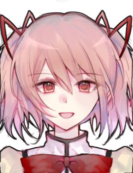 1girl bow bowtie chinese_commentary commentary_request kaname_madoka looking_at_viewer mahou_shoujo_madoka_magica parted_lips pink_eyes pink_hair portrait red_bow red_bowtie short_hair simple_background smile solo summer-night-echo twintails white_background