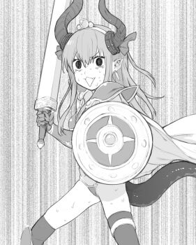 armor bikini_armor cape daftbonkers dragon_girl dragon_horns dragon_tail elizabeth_bathory_(brave)_(fate) elizabeth_bathory_(fate) fate/grand_order fate_(series) flat_chest horns open_mouth shield sweat sword tail thighhighs weapon