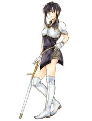 Rule 34 | 1girl, armor, black hair, boots, breastplate, dokkirium, fire emblem, fire emblem: genealogy of the holy war, gloves, highres, holding, holding sword, holding weapon, larcei (fire emblem), looking at viewer, nintendo, planted, planted sword, planted weapon, purple tunic, short shorts, shorts, shoulder armor, sidelocks, smile, solo, sword, thigh boots, tomboy, tunic, weapon