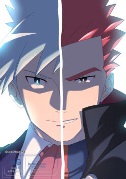 2boys absurdres backlighting black_eyes closed_mouth green_eyes grey_hair grin highres lance_(pokemon) male_focus matsukaze_mattya multiple_boys nintendo pokemon pokemon_frlg pokemon_oras portrait red_hair short_hair smile split_screen steven_stone white_background