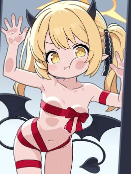 against_fourth_wall armpits bare_shoulders blonde_hair blue_archive blush breasts commentary demon_horns demon_tail demon_wings highres horns ibuki_(blue_archive) loli looking_at_viewer naked_ribbon navel pout ribbon shiny_skin shishiejo_(sisieho1) simple_background small_breasts tail thighs wings yellow_eyes