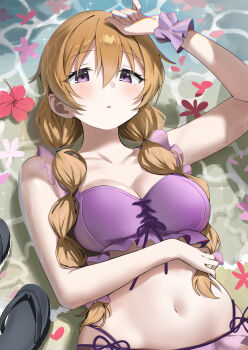 Rule 34 | 1girl, :o, absurdres, bikini, black sandals, blush, braid, breasts, brown hair, cleavage, collarbone, commentary request, flower, hair between eyes, highres, konoe kanata, large breasts, long hair, looking at viewer, love live!, love live! nijigasaki high school idol club, lying, on back, purple bikini, purple eyes, red flower, sandals, side-tie bikini bottom, solo, swimsuit, twin braids, unworn sandals, wrist cuffs, yuu (shampoohatslime)