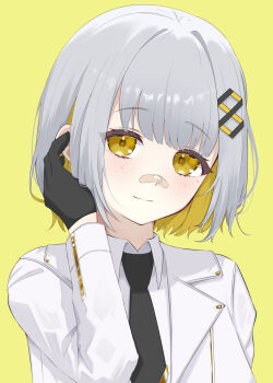 Rule 34 | 1girl, absurdres, adjusting hair, bandaid, bandaid on face, bandaid on nose, black gloves, black necktie, blonde hair, blush, closed mouth, collared shirt, colored inner hair, commentary request, doraryu12, gloves, grey hair, hachi (live union), hand up, highres, jacket, live union, looking at viewer, mole, mole under eye, multicolored hair, necktie, portrait, shirt, short hair, simple background, smile, solo, virtual youtuber, white jacket, white shirt, yellow background, yellow eyes