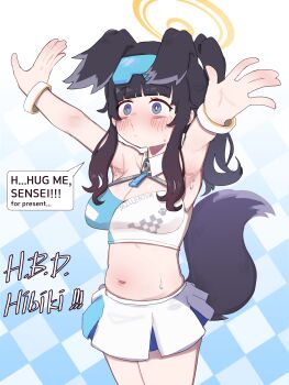 1girl absurdres animal_ears armpits arms_up belly black_hair blue_archive blue_eyes blush breasts cheerleader cleavage closed_mouth commentary_request dog_ears dog_girl dog_tail english_text goggles goggles_on_head halo hibiki_(blue_archive) hibiki_(cheer_squad)_(blue_archive) highres korean_commentary long_hair looking_at_viewer lulubelleiii millennium_cheerleader_outfit_(blue_archive) navel official_alternate_costume simple_background skirt solo speech_bubble stomach sweat sweatdrop tail talking yellow_halo