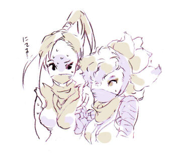2girls afro antenna_hair breasts cloak fishnets hand_signs ibuki_(street_fighter) kimberly_jackson mask multiple_girls ninja pointing pointing_up ponytail scarf street_fighter street_fighter_6 street_fighter_iii_(series) sweatdrop translation_request u_nondesu333 upper_body