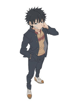 Rule 34 | 1boy, a certain high school uniform, absurdres, black hair, black jacket, black pants, commentary request, full body, gakuran, hand in pocket, highres, if959u, jacket, kamijou touma, long sleeves, male focus, open clothes, open jacket, orange shirt, pants, school uniform, shirt, shoes, short hair, simple background, sneakers, solo, spiked hair, standing, toaru majutsu no index, white background, white shoes, winter uniform