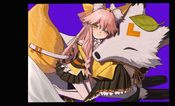 Rule 34 | 1girl, :>, absurdres, animal, animal ear fluff, animal ears, animal hug, black border, black skirt, blush, border, braid, braided sidelocks, closed mouth, commentary request, fate/samurai remnant, fate (series), fox, fox ears, fox girl, fox tail, full body, half-closed eyes, highres, hsareshiya, japanese clothes, katana, kimono, kitsune, kneeling, leaf, leaf on head, long hair, long sleeves, looking at viewer, miniskirt, pantyhose, pink hair, pleated skirt, purple background, sheath, short kimono, skirt, sleeves past fingers, sleeves past wrists, smile, solo, sword, tail, tamamo aria (fate), thick eyebrows, weapon, white pantyhose, yellow eyes