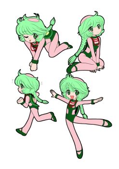 Rule 34 | 1girl, ;p, all fours, azukiarai (guruguru medaman), balding, between legs, bodysuit, bodysuit under clothes, braid, braided ponytail, closed mouth, commentary request, fang, girly running, green eyes, green hair, green leotard, green shoes, guruguru medaman, hand between legs, hands up, jewelry, leotard, long hair, looking at viewer, looking up, multiple views, necklace, okano takeshi, one eye closed, open mouth, outstretched arms, pearl necklace, pink bodysuit, running, shoes, simple background, single braid, sitting, smile, spread arms, standing, standing on one leg, tongue, tongue out, traditional youkai, wariza, white background