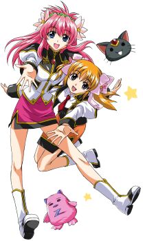 Rule 34 | 2girls, :d, absurdres, angel wing uniform, blonde hair, blue eyes, flower, full body, galaxy angel, hair flower, hair ornament, hairband, highres, long hair, long sleeves, looking at viewer, mikage nao, milfeulle sakuraba, mimolette (galaxy angel), multiple girls, normad, official art, open mouth, pencil skirt, pink hair, ranpha franboise, simple background, skirt, smile, white background