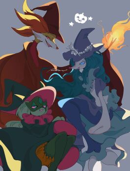 blue_background blue_hair blue_hat cloak clothed_pokemon delphox fang fangs fire furry gen_6_pokemon gen_7_pokemon green_hair green_hat halloween halloween_costume hat highres long_hair meowscarada nintendo open_mouth orange_hair pink_eyes pink_hat pokemon pokemon_(creature) primarina red_eyes red_hat rendoll simple_background smile stick two-tone_hat witch_hat