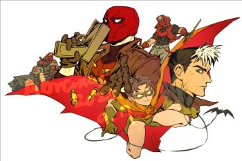 abraxas bat_signal batman_(series) batman_symbol black_bodysuit black_gloves black_hair blue_eyes bodysuit brown_jacket dc_comics domino_mask eye_mask gloves grey_bodysuit jacket jason_todd male_focus mask multicolored_bodysuit multiple_boys muscular muscular_male open_clothes pants red_hood_(dc) red_hood_and_the_outlaws red_mask robin_(dc) short_hair superhero_costume taut_bodysuit two-tone_bodysuit