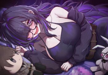 1girl @_@ arm_under_breasts bare_shoulders belt black_cardigan black_dress black_hair blush breasts brown_belt cardigan character_doll cleavage colored_inner_hair commander_(nikke) commentary_request doll dress drooling film_grain glasses goddess_of_victory:_nikke hair_intakes hair_over_one_eye highres huge_breasts label_(nikke) long_hair long_sleeves lying mole mole_on_breast mouth_drool multicolored_hair multiple_moles okashira2ki on_side one_eye_covered open_mouth purple_eyes purple_hair sleeveless sleeveless_dress smile solo stuffed_animal stuffed_rabbit stuffed_toy two-tone_hair very_long_hair wavy_mouth