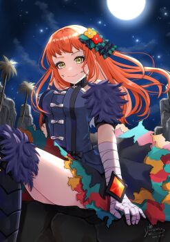 1girl absurdres aqua_eyeshadow bandaged_hand bandages black_choker black_dress choker dress eyeliner eyeshadow facial_mark fire_emblem fire_emblem_engage fur_sleeves highres long_hair looking_at_viewer makeup mugitoro_(dsfv2277) nintendo orange_hair panette_(fire_emblem) red_eyeliner short_bangs smile stitched_mouth stitches yellow_eyes