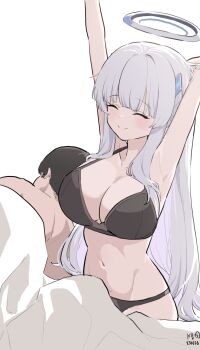 1boy 1girl arms_up black_bra black_hair black_panties blue_archive blunt_bangs blush bra breasts cleavage closed_eyes closed_mouth dated detached_sleeves fat fat_man grey_hair highres large_breasts long_hair lying myeolchi navel noa_(blue_archive) on_side panties shared_blanket short_hair signature simple_background sleeping smile stretching under_covers underwear underwear_only very_long_hair white_background