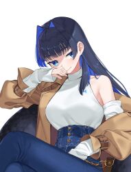 Rule 34 | 1girl, bare shoulders, bent over, black hair, blue eyes, blue hair, blue pants, blunt bangs, breasts, brown coat, coat, colored inner hair, denim, hair intakes, high-waist pants, highres, hololive, hololive english, jeans, kam-ja, large breasts, long hair, long sleeves, multicolored hair, official alternate costume, official alternate hair length, official alternate hairstyle, ouro kronii, ouro kronii (casual), pants, solo, sweater, sweater tucked in, trench coat, turtleneck, virtual youtuber, white sweater