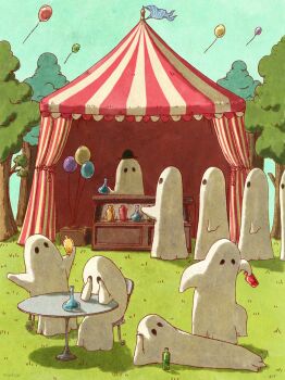 6+others balloon black_hat blue_sky bottle bowler_hat chair day flask ghost glass_bottle grass hat highres holding holding_flask itogekijyo lying multiple_others original outdoors queue sheet_ghost sky table tent tree