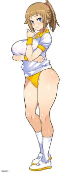 1girl absurdres aiuti blue_eyes breasts brown_hair buruma full_body gundam gundam_build_fighters gundam_build_fighters_try gym_uniform highres hoshino_fumina large_breasts medium_hair ponytail shirt shoes socks solo standing t-shirt uwabaki white_background white_shirt white_socks yellow_buruma