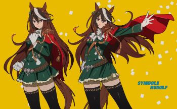 Rule 34 | 1girl, aiguillette, animal ears, ascot, betti (xx betti), black thighhighs, breasts, brown hair, buttons, closed mouth, double-breasted, earrings, epaulettes, gloves, green jacket, green skirt, hair between eyes, highres, horse ears, horse girl, horse tail, jacket, jewelry, long hair, long sleeves, looking at viewer, medal, multicolored hair, purple eyes, side cape, single earring, single epaulette, skirt, smile, streaked hair, symboli rudolf (emperor's path) (umamusume), symboli rudolf (umamusume), tail, thighhighs, umamusume, white ascot, white gloves, white hair